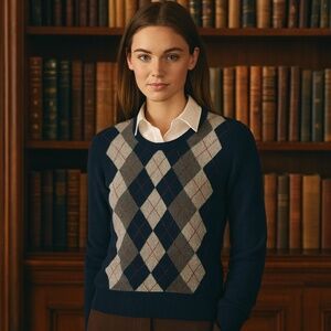 Avellini Womens Argyle 100% Cashmere Sweater Dark Navy Large Academia Preppy